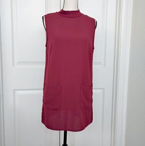 Burgundy Semi Sheer Mock Neck Sleeveless Tunic